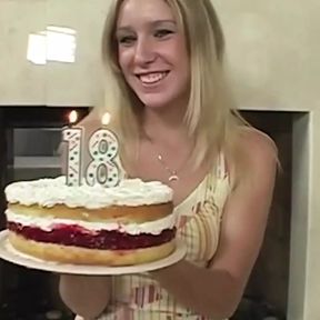 Flaming Hot Blonde Girl with a Birthday Present Gives Her Man a Great Blowjob