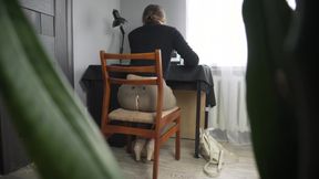 Peeking at Secretary Working in Ripped Pants