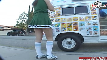 Petite young Girl in a cheerleader dress want the big cock