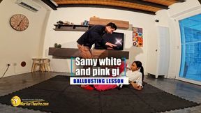 Samy white and pink gi ballbusting lesson