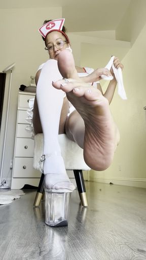 Latina Nurse Roleplay in Pleaser Heels with Thigh High Nylon Stocking Removal