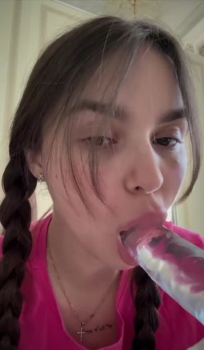 Blonde woman blowing bubble gum