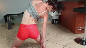 Desperate tight pants piss while doing stretches and exercising