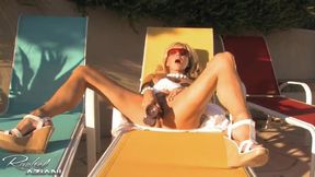 Rachel cums outside on patio chair
