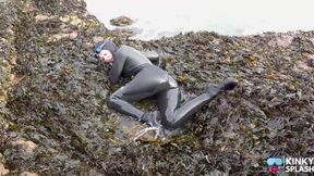 Rubbery Beach Encounter: Lucy's Neoprene Pussy Play with Stranger