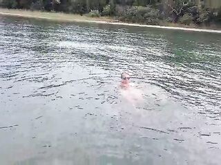Hawt Granny Swims Bare in a Lake!