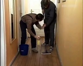 German brunette is fucked in a threesome by her husband and the plumber who is thinking of repairing his wife&#039;s pussy