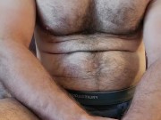 MUSCLE BEAR IN STRIPED BOXER BREIFS FLEXING ARMS AND CHEST!