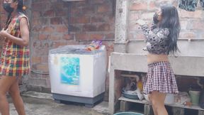 Gossipy Neighbors Talk Dirty in the Neighborhood Yard. They Have Small Buttocks.