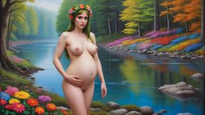 Nude Elf Pregnant Women Posing Near River in the Forest