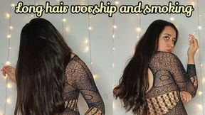 Chubby girl smoking and showing off her long hair
