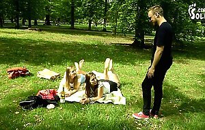 Two barefoot girls in park having their feet worshiped by a stranger (foot worship, public feet)