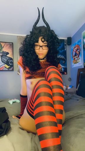 Curvy solo girl showcases her long legs and cute kitty