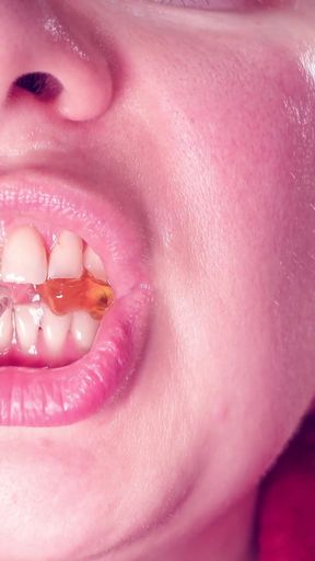 Asmr: Eating Jelly Teddybears Candies. Chewing. Mouth Close-up.