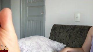Wife makes the cuckold smell her sweaty body. She handjob him while talk dirty