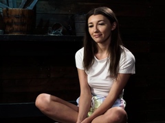 Gagged babe tormented in suspension on hogtied