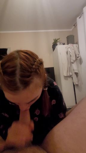 Stepsister with Red Pigtails Sucks Her Stepbrother and He Cums in Her Mouth