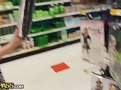 Young girlfriend sucking and fingering in the fitting shop