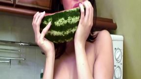 Brunette Rubs Juicy Watermelon All Over Naked Body