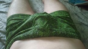 A Guy in Beautiful Green Swimming Trunks Jerks off His Soft Cock with His Fingers