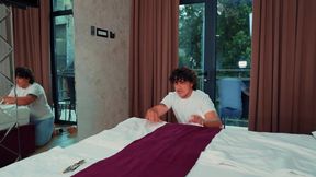 Sharing a bed in a hotel room with a hot milf