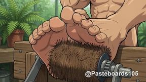 Locked In The Stocks - Muscle Jocks' Bare Soles Tickled by Bristle Rollers (2D Anime)
