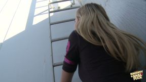 A blonde engages in oral sex in the toilet and then has intense anal intercourse.