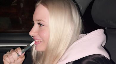 Sweet blonde on the highway. Sex in car