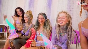 5 Tattooed & Pierced Goths Squirting and Riding Dildos