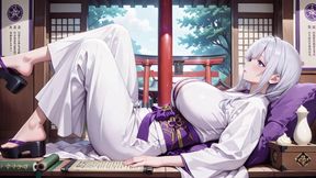 Silver-haired Miko Shrine Secrets! Half-unbuttoned White Kimono, Kneeling Poses and Intense Eye Contact.
