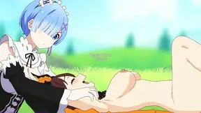 Emilia watches Shaula spread Rem's legs on the grass and finger her wet pussy