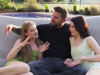 Small Cuties Tiffany Tatum and Matty Perez Share One Large Ramrod Outdoors, Sucking and Banging on the Lawn