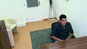 dark-haired man gets butthole-blasted hard on the desk