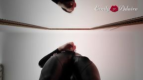 daddy fucks my tight tgirl ass in front of the mirror in my leather catsuit - ts emily adaire