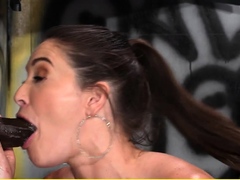 Brunette milf masturbating then fucking bbc in a glory hole