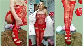 Sexy Lukerya in Red Between Heart-shaped Balloons for Valentine's Day Flirts with Fans in Red High-heeled Shoes on Webcam