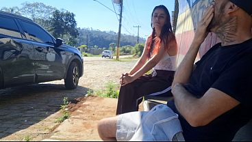 Amateur babe rubs her Brazilian cock at public bus stop