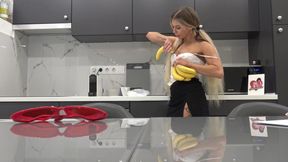 Hot tattooed blonde long hair beauty in the kitchen takes her panties off to show her meaty pussy and sexy ass