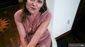 Stepson asks his busty stepmom for a blowjob in exchange of staying at her house.The milf sucks his dick and he fucks her as she masturbates her pussy