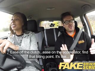 Fake Driving School nervous ebony teen filled up by her teacher in the car