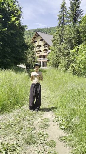 Public tomboy with short hair shows off her slim figure