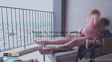 Thai babe rides balcony until cum squeezes out