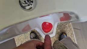 Straight guy with big uncut cock pees in public urinal at gas station
