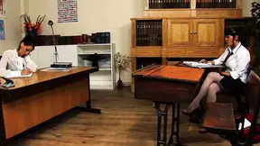 Professor Jasmine Black Uses a Strapon to Fuck Cindy Behr’s Tight Pussy on Her Desk