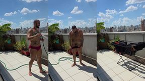 regando as plantas e estendendo roupa peladao