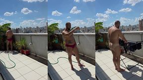 regando as plantas e estendendo roupa peladao