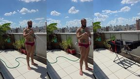 regando as plantas e estendendo roupa peladao