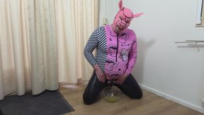 Fat sissy pig drinks pee