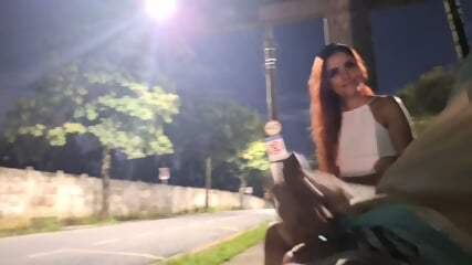 Public bus stop masturbation with hot girl