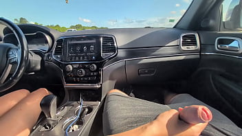handjob through shorts while driving makes him cum on himself
